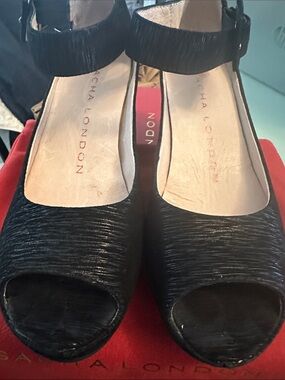 Sacha London Black Textured Peep-Toe Ankle Strap Heels